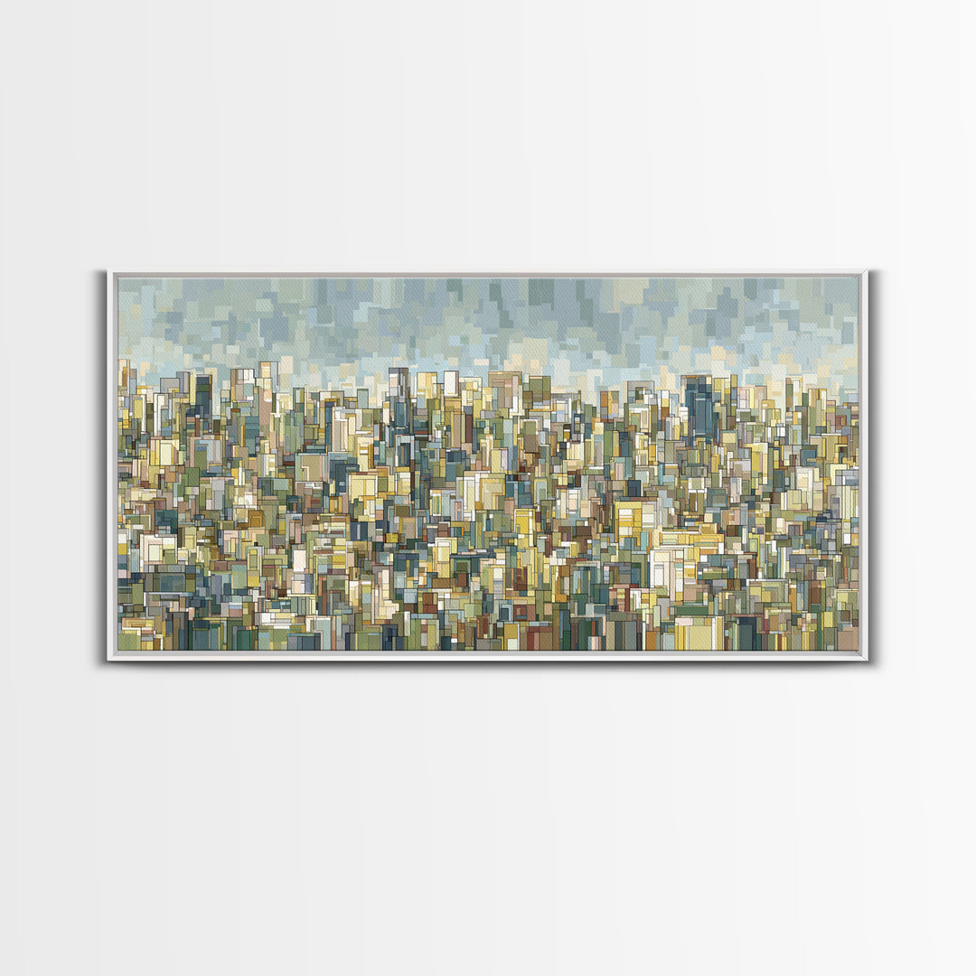 Dense City Skyline Wall Art, Modern Architectural Print, Abstract Urban Landscape Decor, Blue Beige Living Room Art Print