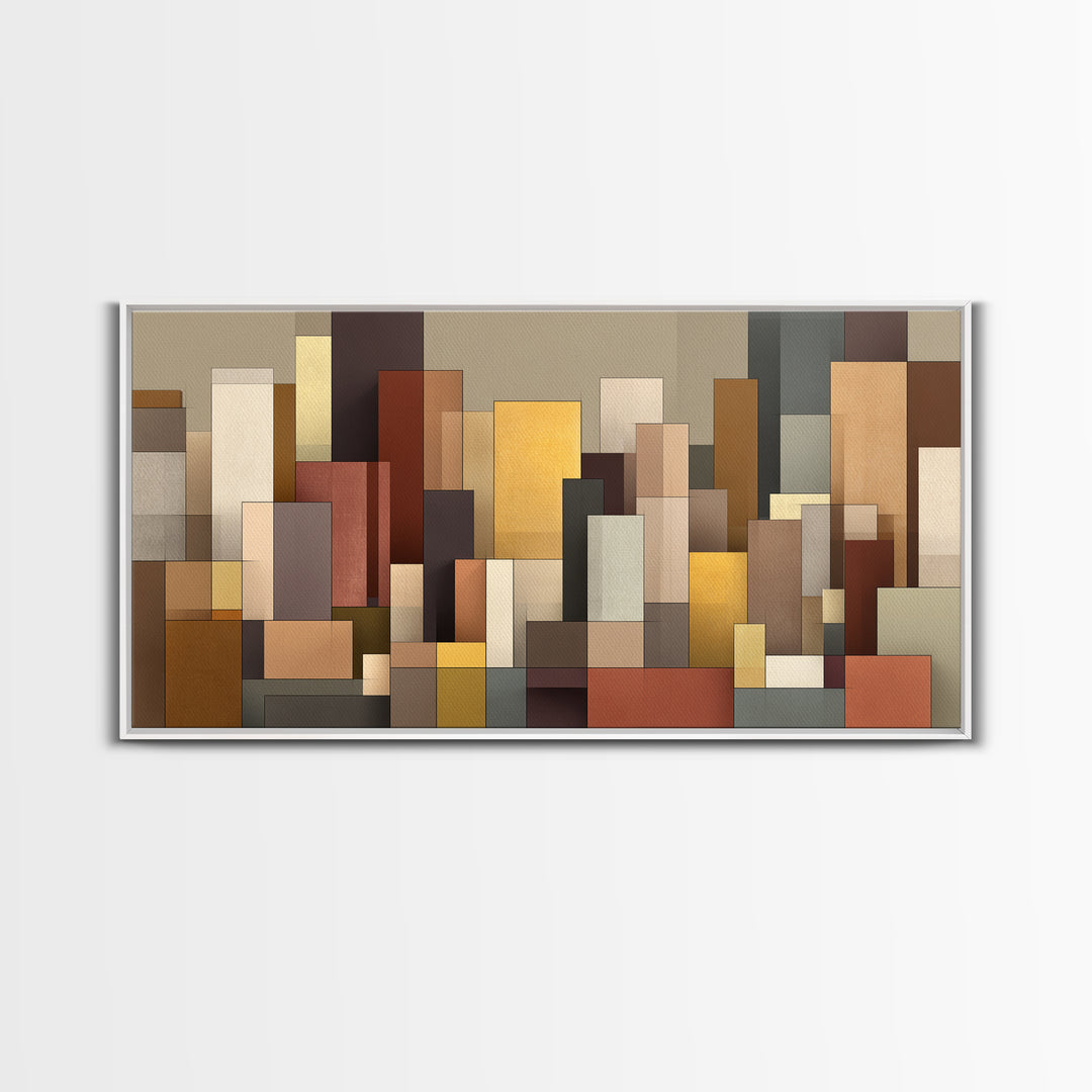 Earth Tone Geometric City Wall Art, Modern Abstract Skyline Print, Midcentury Decor, Neutral Brown Living Room Art Print