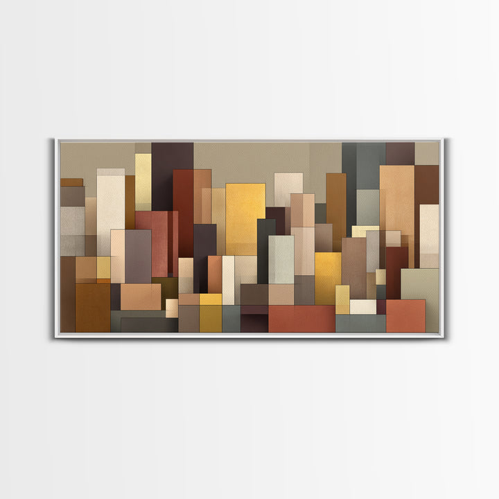 Earth Tone Geometric City Wall Art, Modern Abstract Skyline Print, Midcentury Decor, Neutral Brown Living Room Art Print