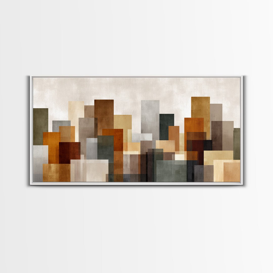 Transparent Abstract Skyline Canvas Print, Modern Geometric City Wall Art, Warm Neutral Decor, Contemporary Living Room Art