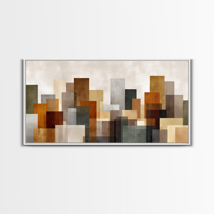 Transparent Abstract Skyline Canvas Print, Modern Geometric City Wall Art, Warm Neutral Decor, Contemporary Living Room Art