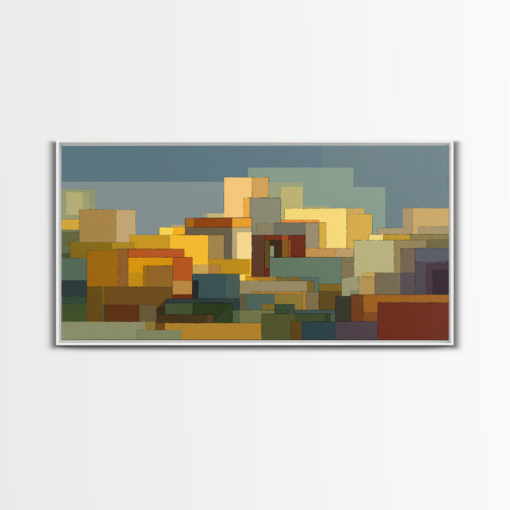 Abstract City Blocks In Muted Teal And Ochre Wall Art, Mid Century Modern Print, Geometric Home Decor, Living Room Artwork