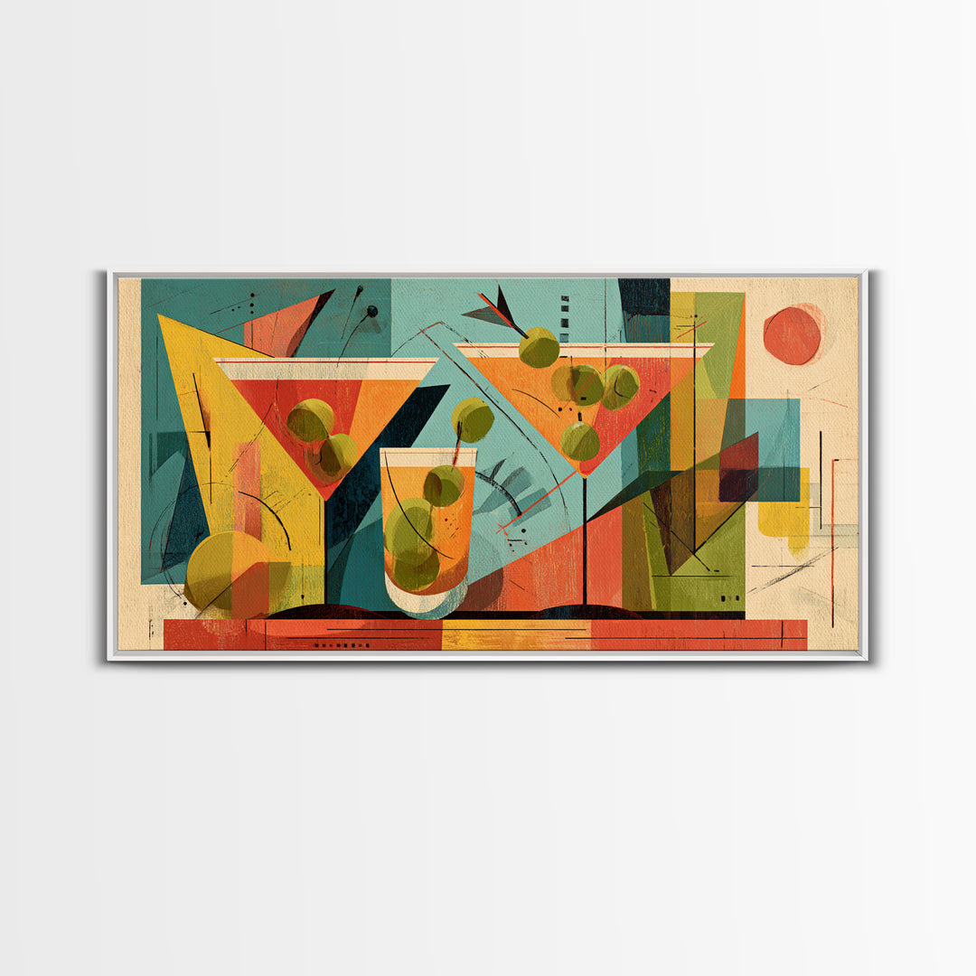 Midcentury Martini Glasses And Olives Wall Art, Atomic Cocktail Poster Print, Retro Bar Decor, Geometric Modern Home Decor