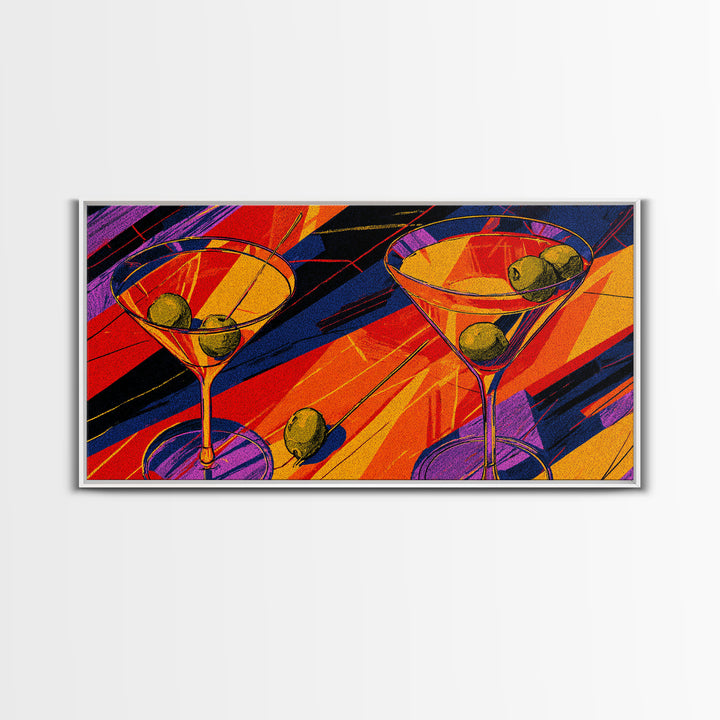 Bold Pop Art Martini Glasses With Olives Canvas Print, Retro Cocktail Poster, Colorful Bar Cart Decor, Modern Kitchen Wall Art