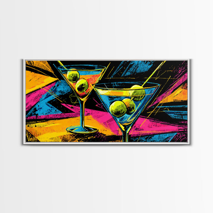 Neon Martini Glasses With Olives Canvas Print, Retro Bar Art, Vibrant Cocktail Poster, Funky Wall Decor For Kitchen Lounge