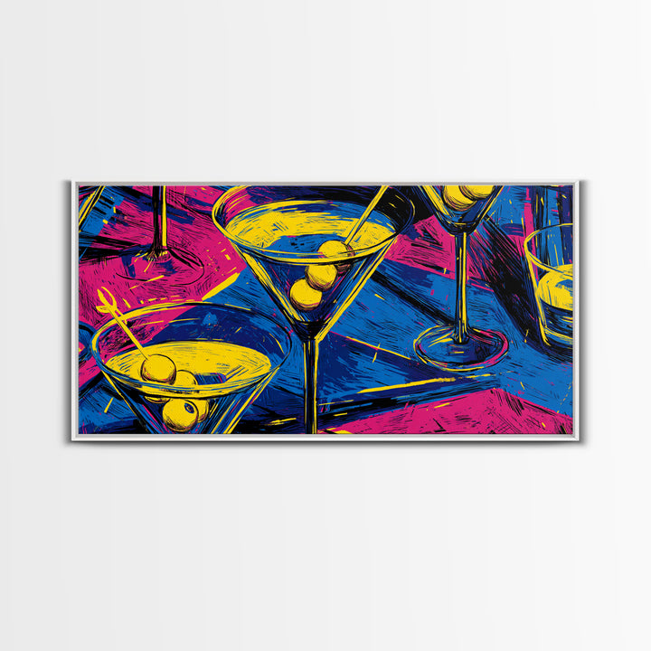 Electric Neon Martini Glasses And Olives Wall Art, Pop Art Cocktail Poster, Retro Bar Cart Decor, Colorful Kitchen Art Print