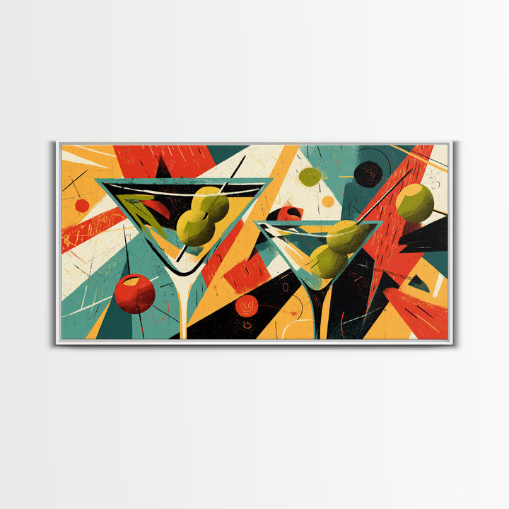 Retro Martini Glasses With Olives And Oranges Wall Art, Midcentury Modern Cocktail Poster, Atomic Bar Decor, Kitchen Art Print