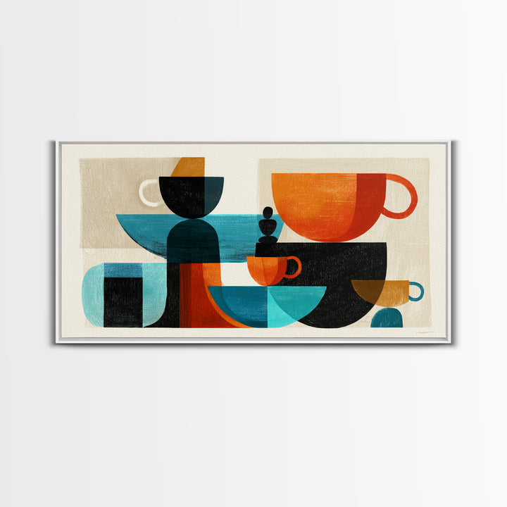 Geometric Coffee Cups Still Life Canvas Print, Midcentury Modern Kitchen Decor, Retro Cafe Wall Art, Teal Orange MCM Poster