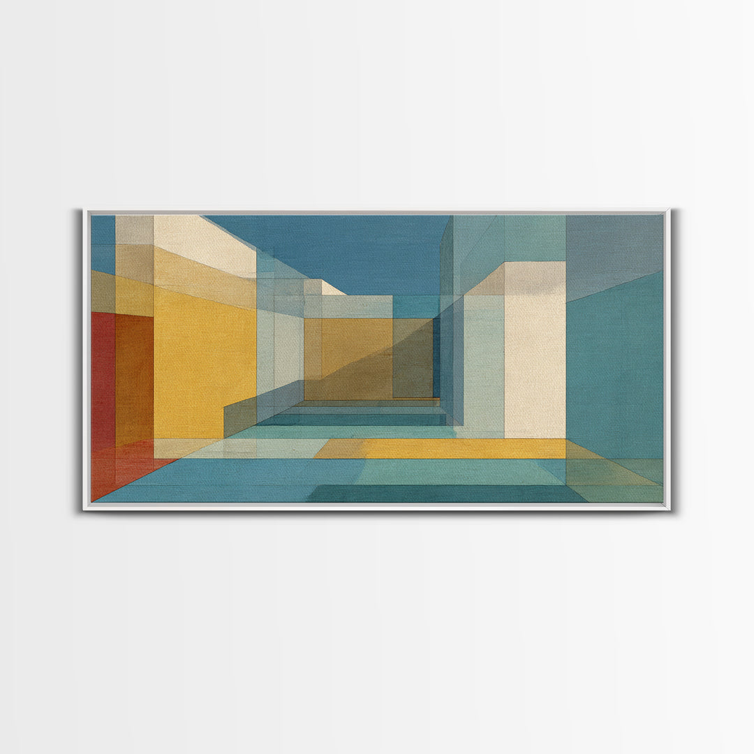 Abstract Desert Passage Wall Art, Geometric Architecture Canvas Print, Midcentury Modern Decor, Teal Gold Perspective Poster