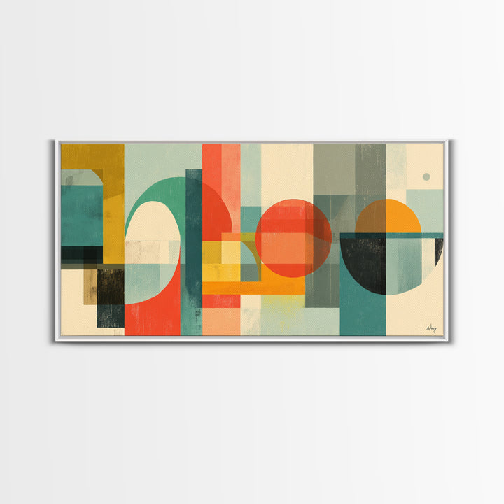 Retro Geometric Shapes Wall Art, Midcentury Modern Canvas Print, Abstract Circles Arches, Teal Orange Mustard Home Decor