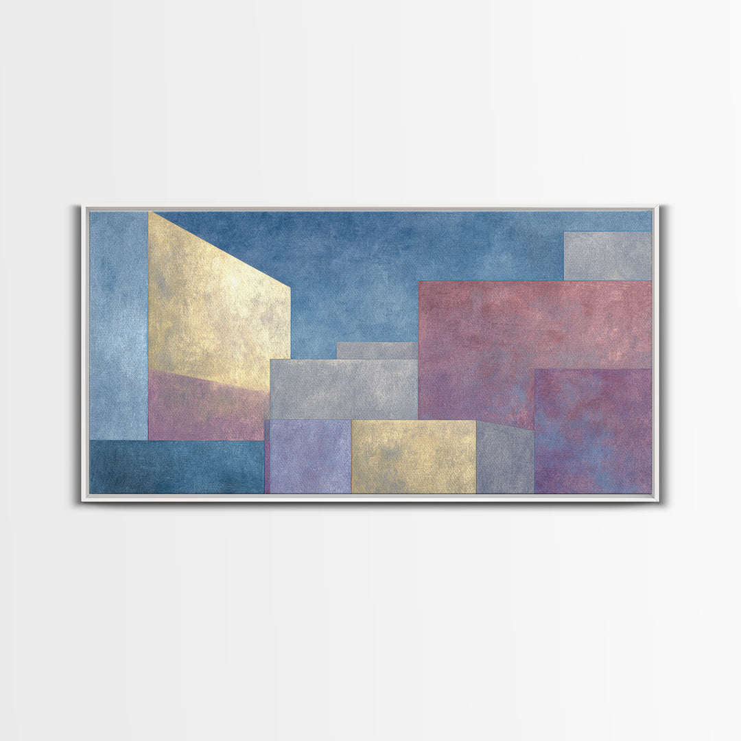 Pastel Architectural Blocks Wall Art, Minimal Geometric Modern Decor, Blue Purple Abstract Framed Canvas Print For Office