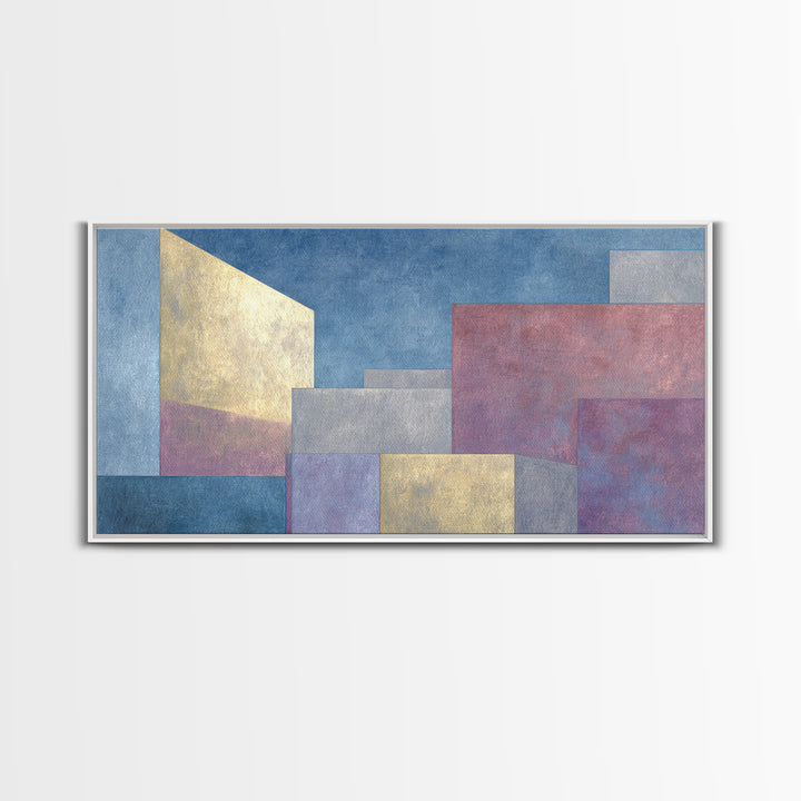 Pastel Architectural Blocks Wall Art, Minimal Geometric Modern Decor, Blue Purple Abstract Framed Canvas Print For Office