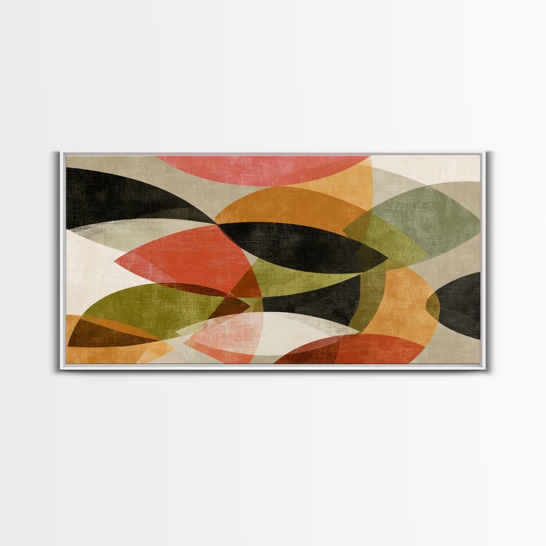 Layered Olive Red And Orange Abstract Leaves Wall Art, Midcentury Modern Art Print, Retro Geometric Decor For Living Room