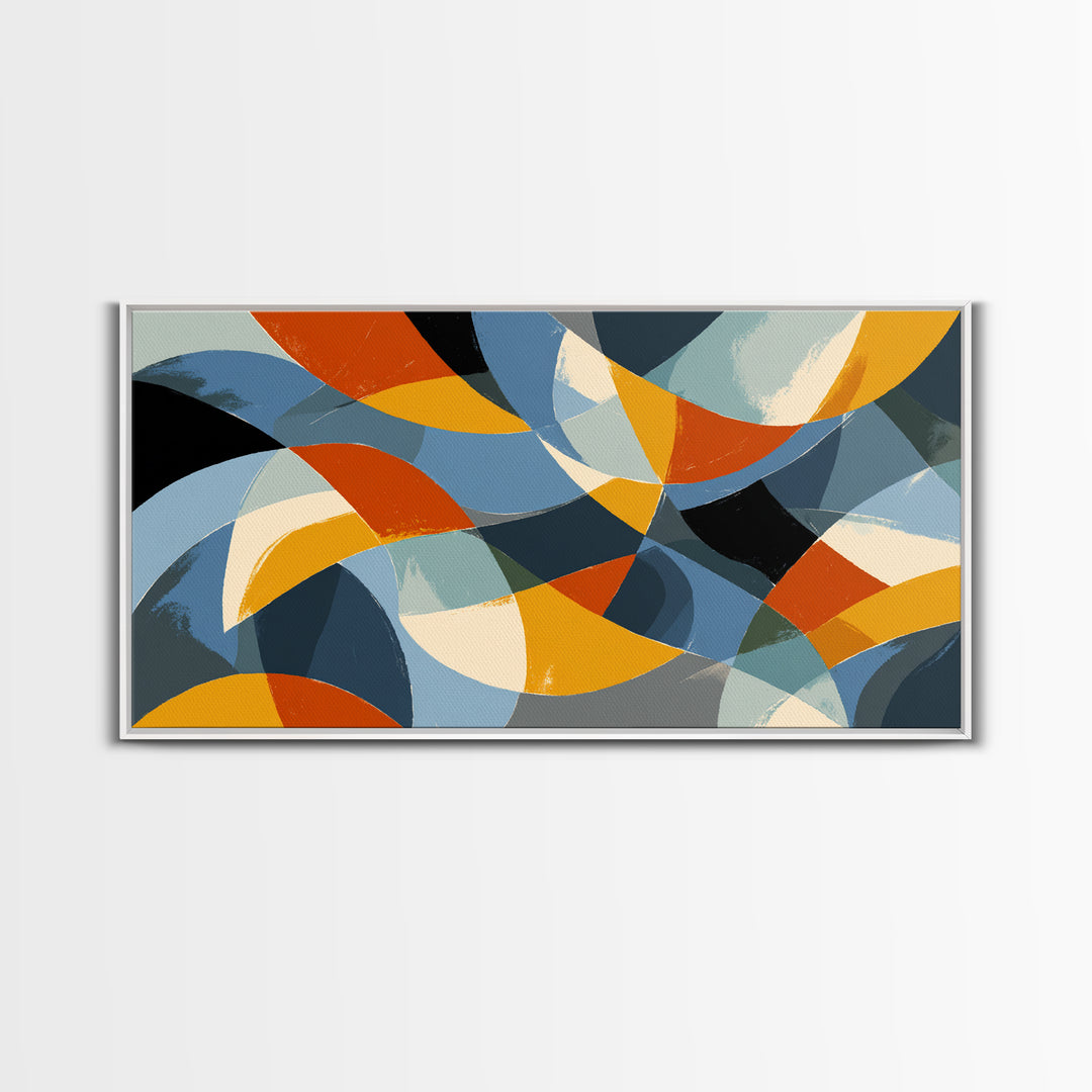 Blue Orange And Golden Crescent Geometry Wall Art, Midcentury Modern Abstract Art Print, Retro MCM Decor For Office And Home