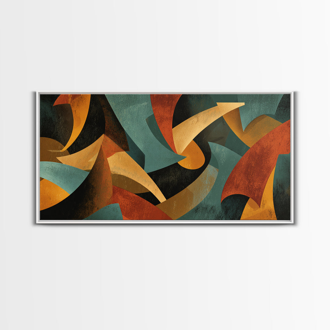 Burnt Orange Teal And Black Sweeping Forms Framed Canvas Print, Midcentury Modern Wall Art, Abstract Retro Decor For Living Room