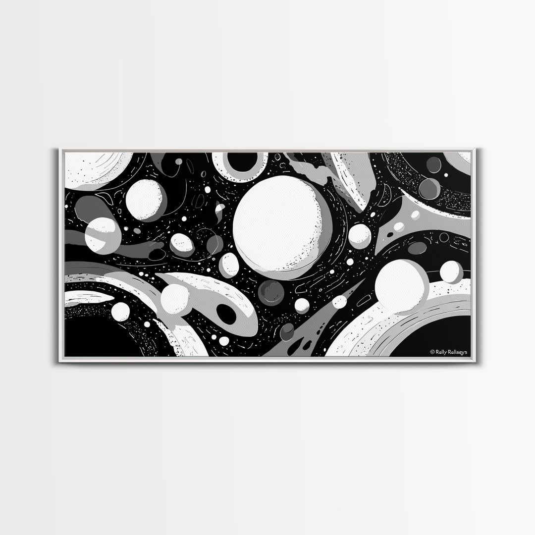 Black White And Gray Cosmic Bubbles Wall Art, Modern Abstract Art Print, Retro Sci Fi Space Decor For Office Or Game Room