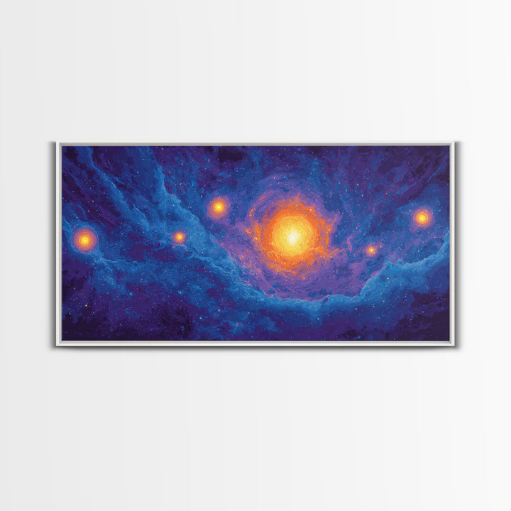 Glowing Blue Galaxy Nebula With Orange Stars Wall Art, Modern Abstract Art Print, Cosmic Retro Poster, Living Room Decor