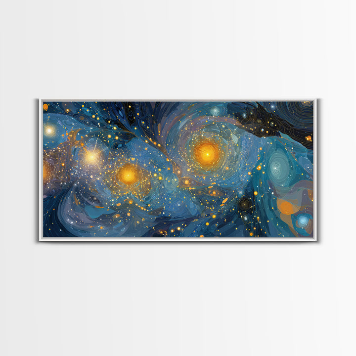 Swirling Starry Blue And Gold Galaxy Framed Canvas Print, Modern Wall Art, Abstract Poster, Celestial Living Room Decor Prints