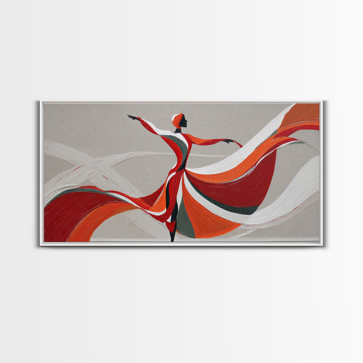 Flowing Red Orange Dancer With Ribbon Framed Canvas Print, Modern Wall Art, Abstract Painting, Statement Living Room Decor