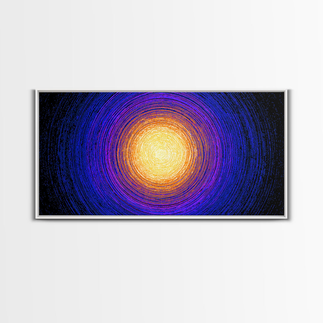 Golden Sun Blue Vortex Canvas Print, Cosmic Abstract Wall Art, Modern Retro Poster, Vibrant Space Decor For Living Room Or Office