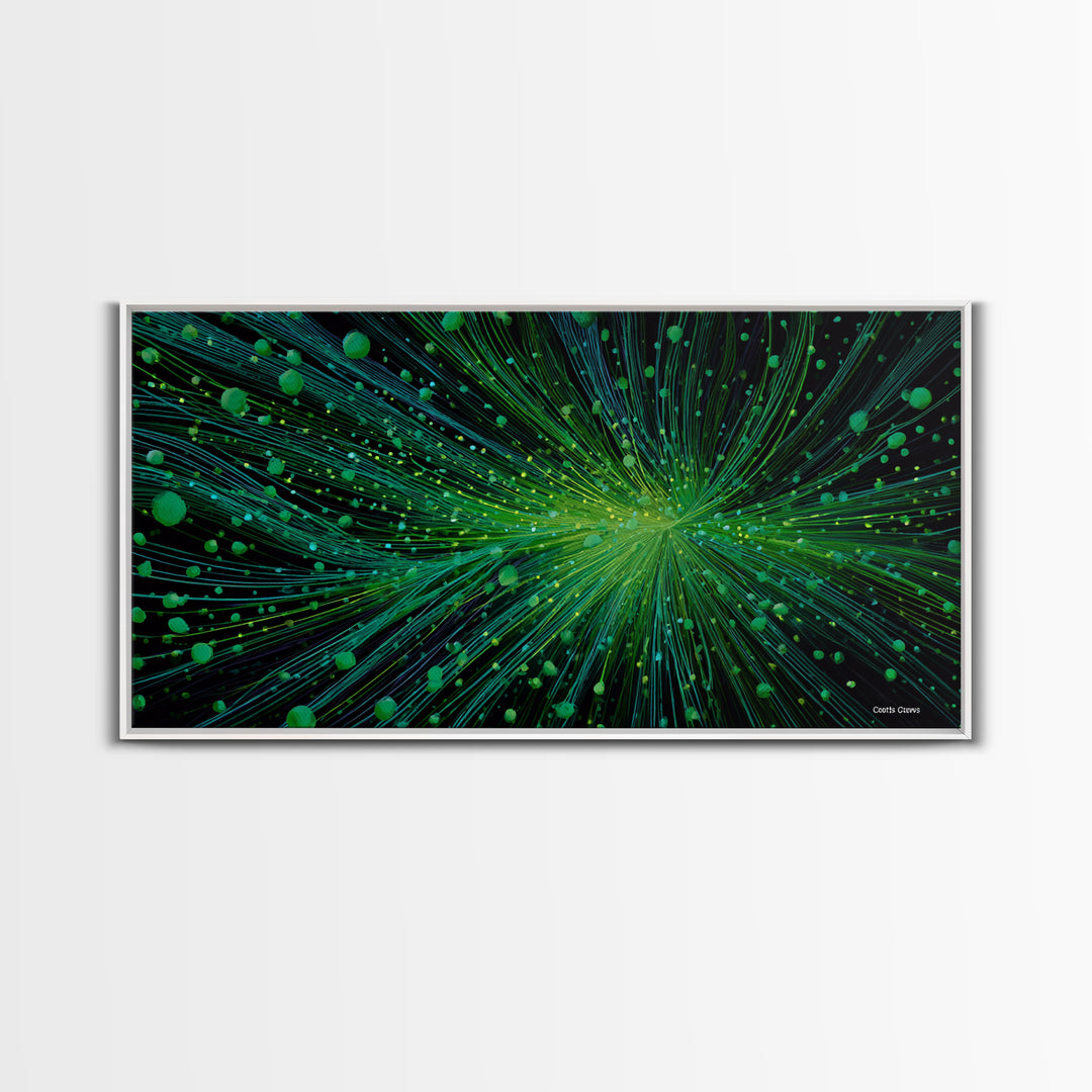 Green Particle Burst Canvas Print, Abstract Energy Lines Wall Art, Modern Digital Artwork, Sci Fi Poster For Home Office Decor