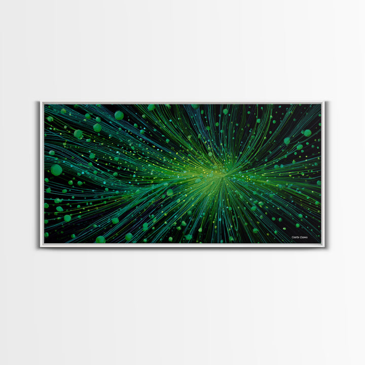 Green Particle Burst Canvas Print, Abstract Energy Lines Wall Art, Modern Digital Artwork, Sci Fi Poster For Home Office Decor