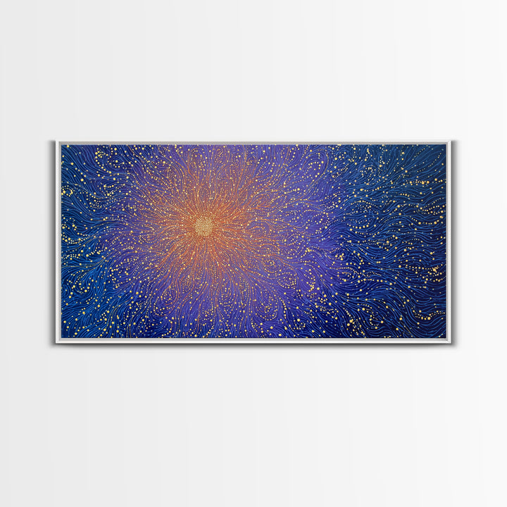 Golden Starburst Blue Wave Wall Art, Cosmic Abstract Digital Print, Modern Wall Decor, Vibrant Space Poster For Living Room