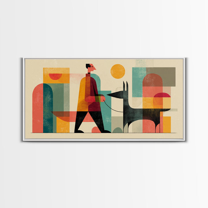 Man Walking Black Dog Wall Art, Midcentury Modern Illustration, Retro Abstract Shapes, Colorful Home Decor Canvas Print Gift