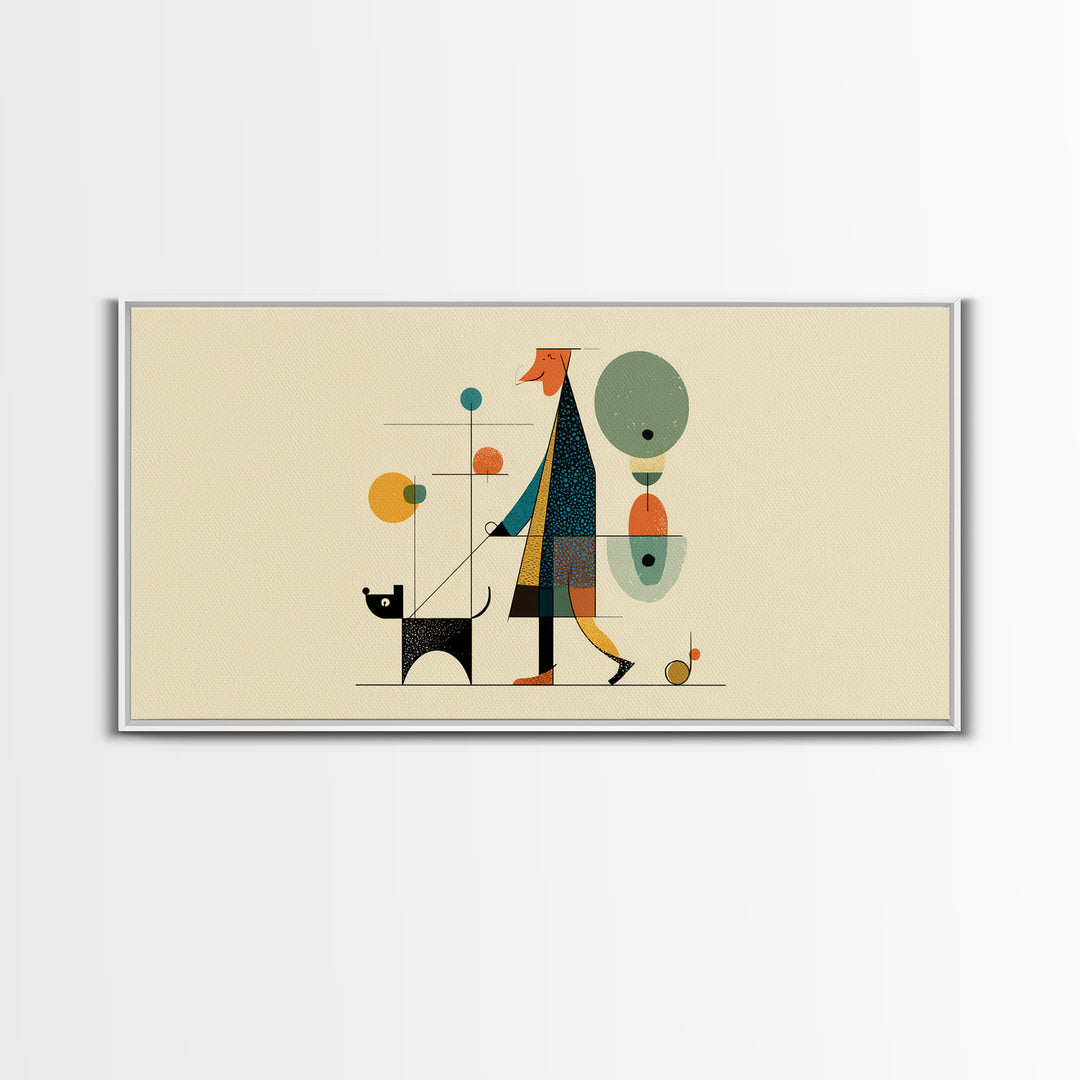 Whimsical Dog Walker Canvas Print, Midcentury Modern Minimal Art, Atomic MCM Wall Decor, Scandinavian Home Art Print Poster