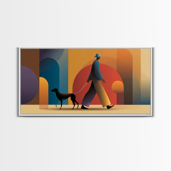 Sunset Dog Walker Framed Canvas Print, Midcentury Modern Wall Art, Retro Arches Decor, Warm Orange Living Room Print Poster