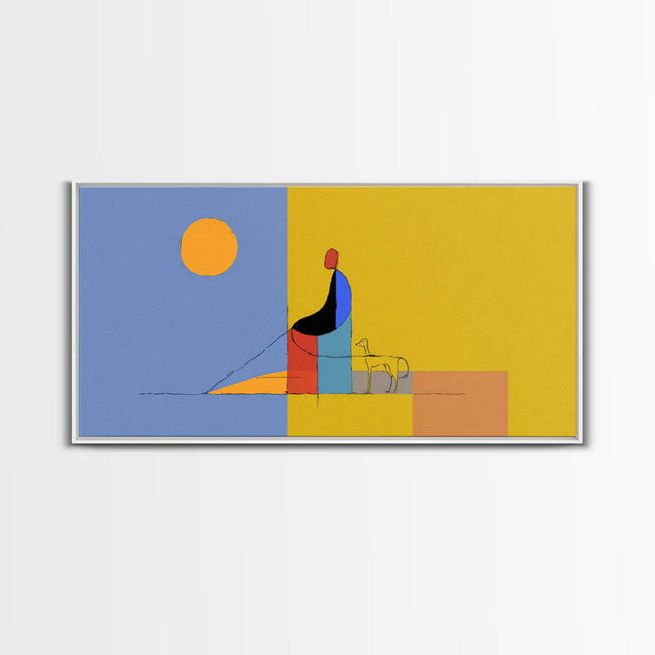 Minimal Yellow Blue Dog Walker Wall Art, Midcentury Modern Abstract Print, Scandinavian Decor, Geometric Home Art Poster