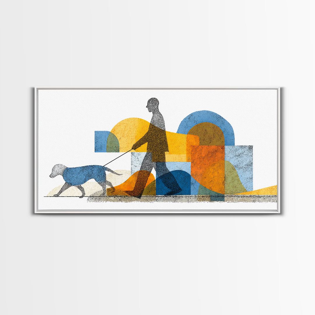 Silhouette Dog Walker Canvas Print, Midcentury Modern Wall Art, Blue Orange Geometric Decor, Minimalist Living Room Art Poster
