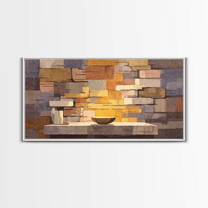 Abstract Stone Fireplace Wall Art, Midcentury Modern Home Decor, Warm Geometric Canvas Print, Cozy Living Room Artwork Poster