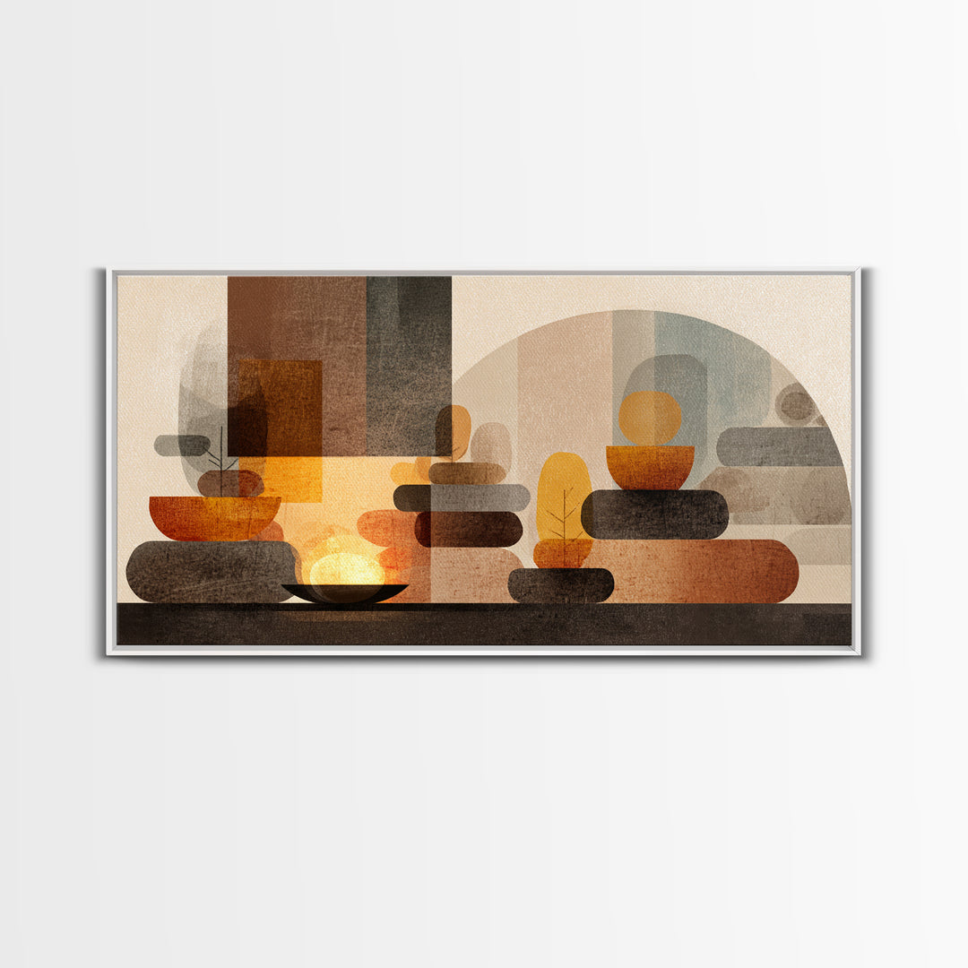 Warm Stacked Abstract Shapes With Arches, Midcentury Modern Wall Art, Earth Tone Retro Decor, Large Canvas Print, Living Room Home Decor