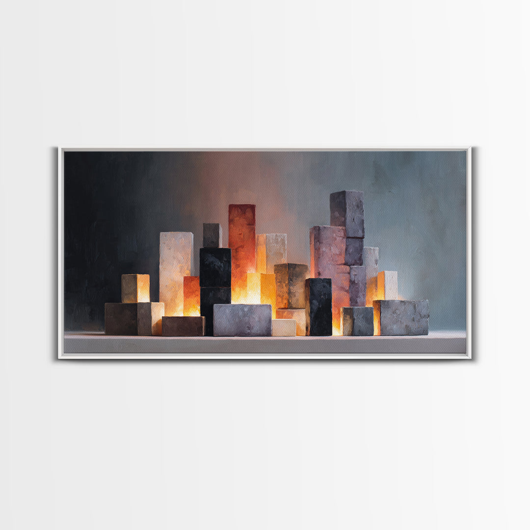 Glowing Stone Block Skyline At Dusk, Framed Canvas Print, Modern Abstract Art, Office Wall Decor, Neutral Home Decor, Living Room Art