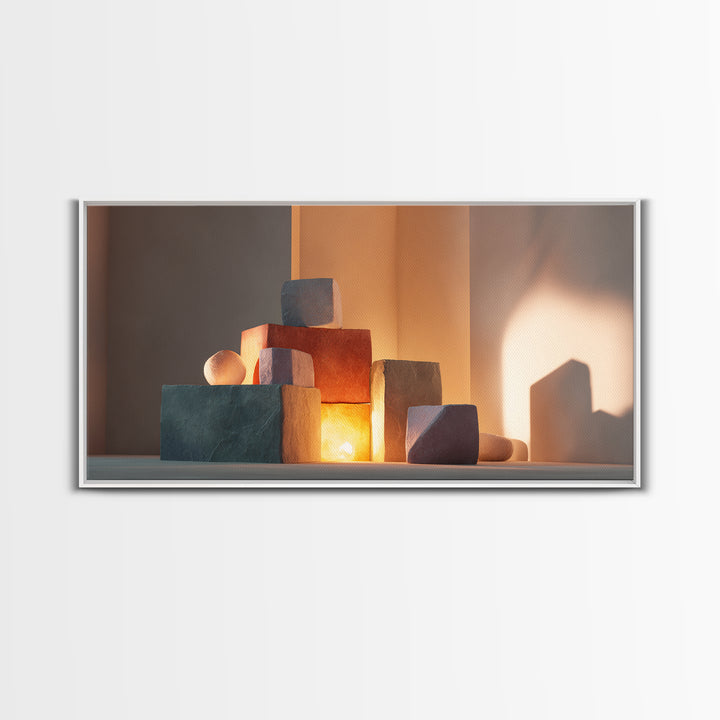 Sunlit Minimal Stone Blocks And Soft Shadows, Framed Canvas Print, Modern Wall Art, Neutral Decor, Bedroom Art Print, Home Office Decor
