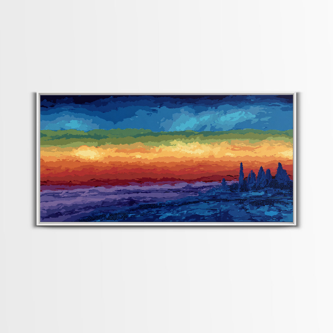 Dramatic Lake Sunset With Pine Silhouettes Framed Canvas Print, Blue Orange Landscape Wall Art, Rustic Cabin Decor, Lake House Decor