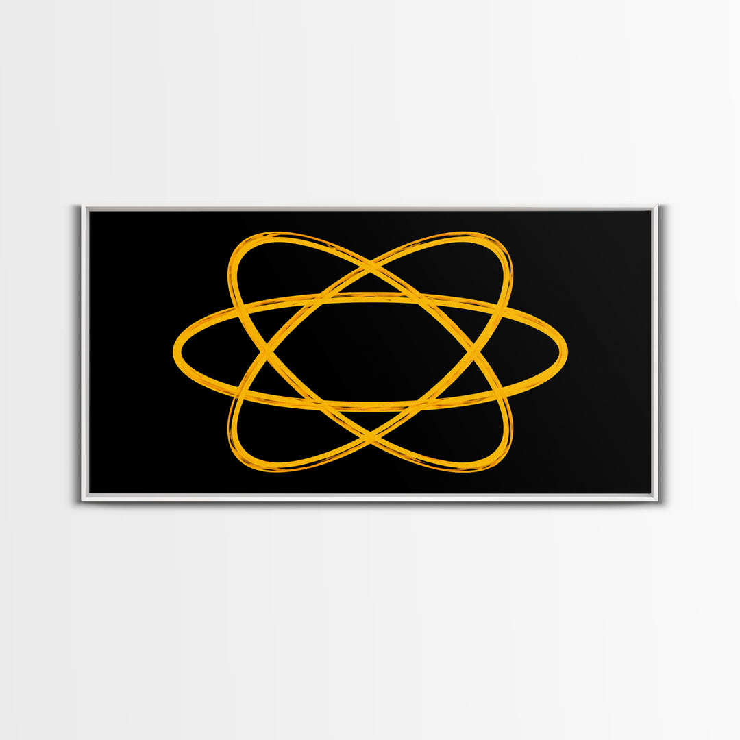 Golden Atomic Orbit Lines On Black Canvas Print, Midcentury Modern Abstract Wall Art, Retro Space Poster, Office Decor, Geek Decor