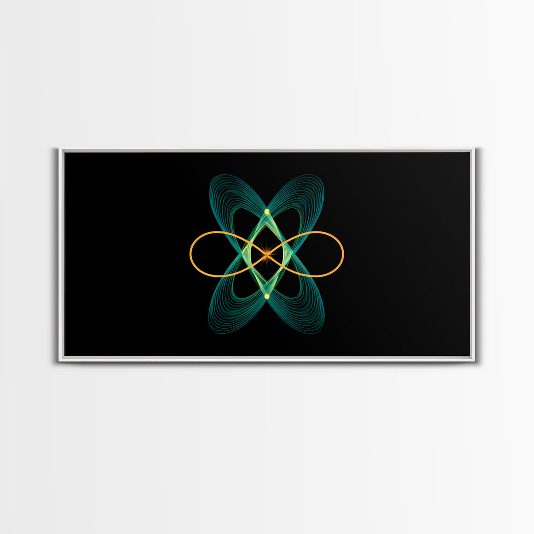 Teal And Gold Orbital Wave Lines Wall Art, Atomic Midcentury Modern Abstract Print, Black Retro Space Poster, Office Decor