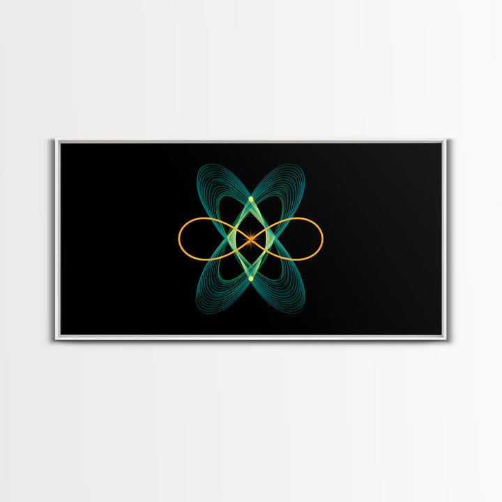 Teal And Gold Orbital Wave Lines Wall Art, Atomic Midcentury Modern Abstract Print, Black Retro Space Poster, Office Decor