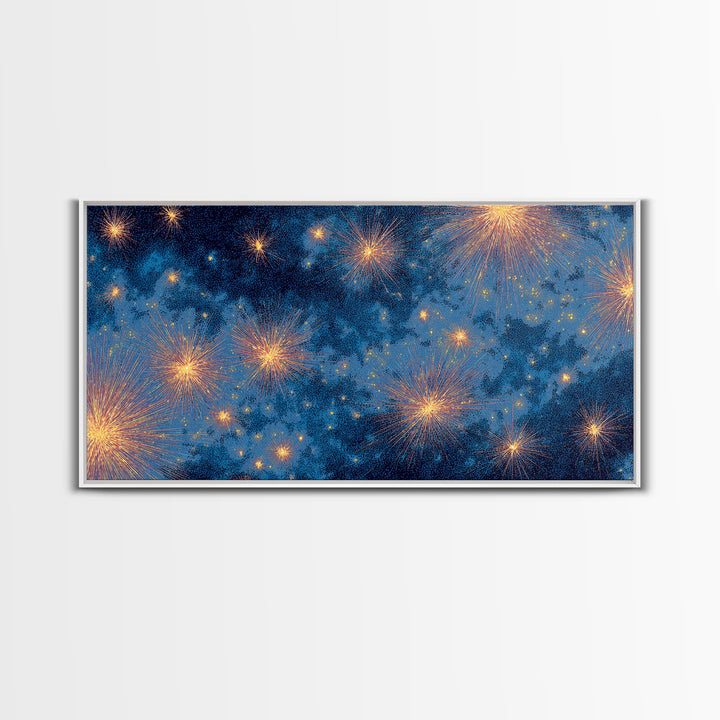 Blue Cloudy Fireworks Night Sky Canvas Print, Celestial Space Wall Art, Gold Stars Modern Decor For Bedroom Or Office Decor
