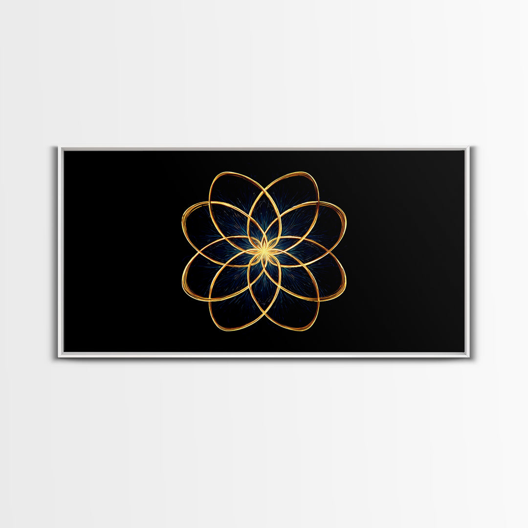 Gold Lotus Flower Line Art Canvas Print, Black And Gold Sacred Geometry Wall Decor, Spiritual Modern Abstract Artwork Gift