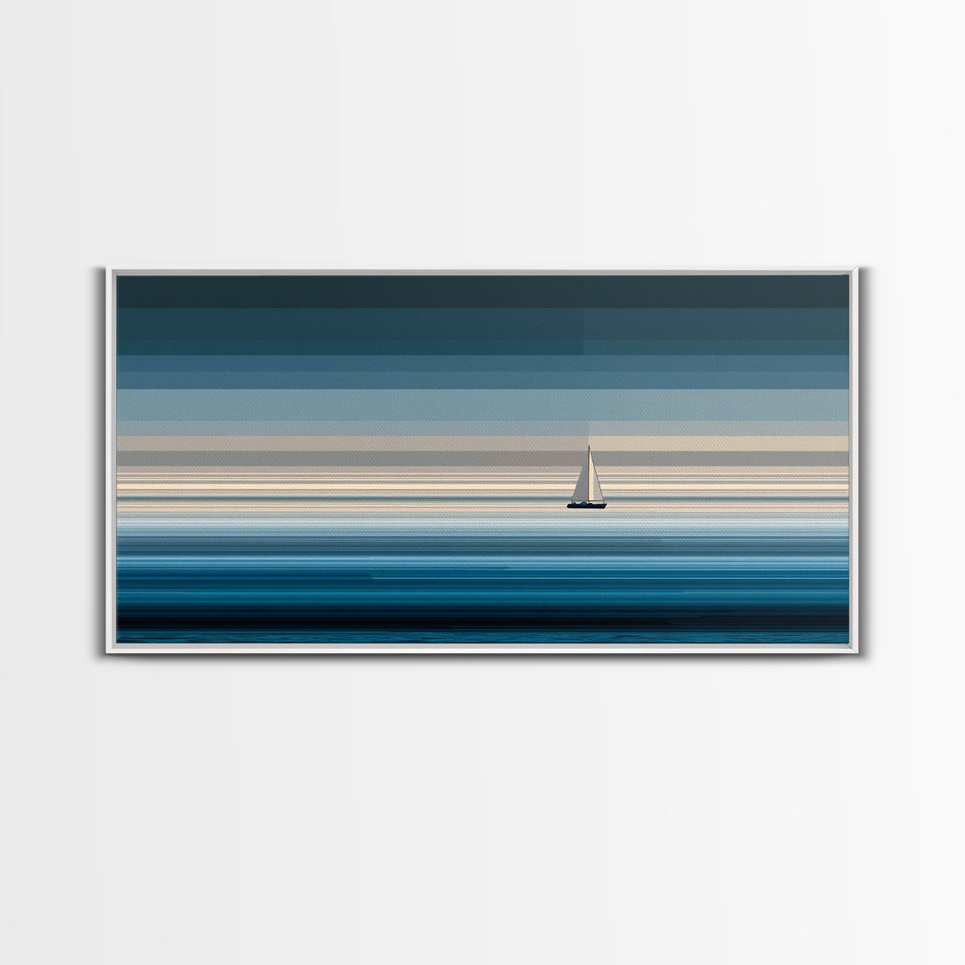 Minimal Sailboat Horizon Wall Art, Blue Ocean Seascape Print, Coastal Modern Wall Decor, Nautical Living Room Artwork Print