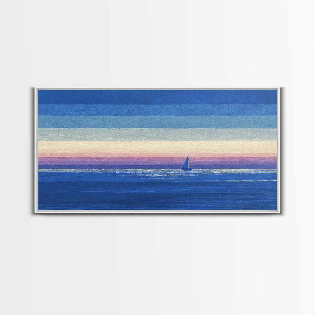 Blue Textured Sailboat Canvas Print, Ocean Sunset Seascape Wall Decor, Coastal Landscape Art For Bedroom And Lake House Decor