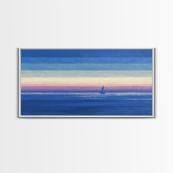 Blue Textured Sailboat Canvas Print, Ocean Sunset Seascape Wall Decor, Coastal Landscape Art For Bedroom And Lake House Decor