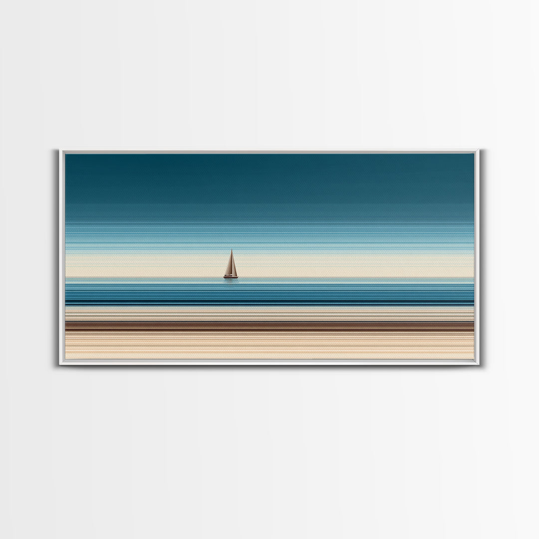 Minimalist Sailboat Horizon Canvas Print, Blue Beige Coastal Wall Art, Modern Nautical Decor For Living Room And Office Decor