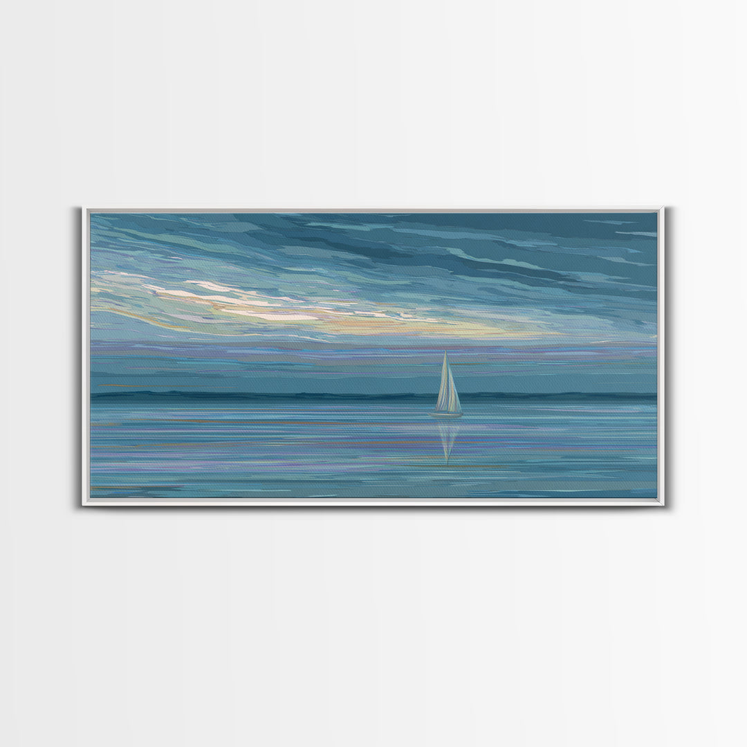 Painterly Sailboat Reflection Wall Art, Blue Coastal Seascape Print, Modern Ocean Decor, Nautical Landscape For Lake House