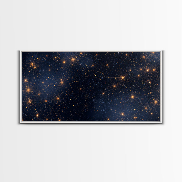 Golden Constellation Star Field Wall Art, Dark Navy Space Abstract Print, Modern Celestial Decor, Cosmic Bedroom Poster Art