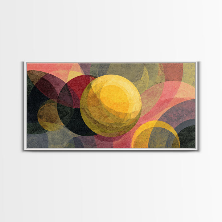 Layered Circles And Golden Orb Wall Art, Midcentury Modern Abstract Art, Retro Geometric Poster, Bold MCM Living Room Decor