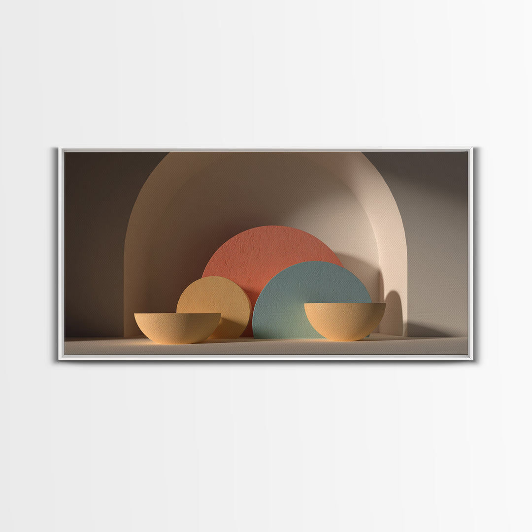 Minimalist Bowls In Arched Alcove Framed Canvas Print, Midcentury Modern Wall Art, Neutral Boho Decor, MCM Still Life Art